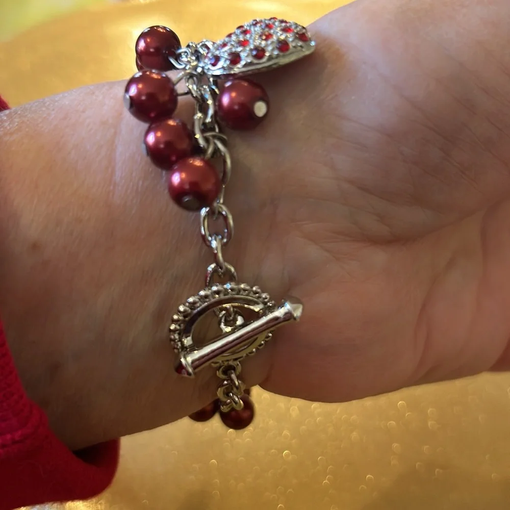 Quartz Watch Bracelet with Red Beads & Hearts on Silver Chain; Watch not working